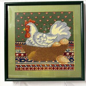 Framed Needlepoint Canvas Chicken in a Basket Finished Completed Picture Frame